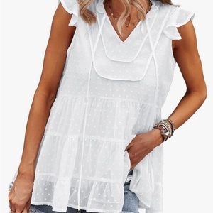 Casual Chiffon Blouse Cap Sleeve V Neck Swiss Dot Ruffle Babydoll Flowy Tunic